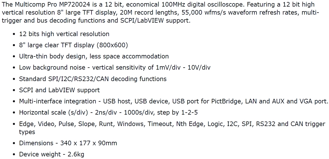 אוסצילוסקופ שולחני דיגיטלי - MULTICOMP PRO MP720024 TEXT